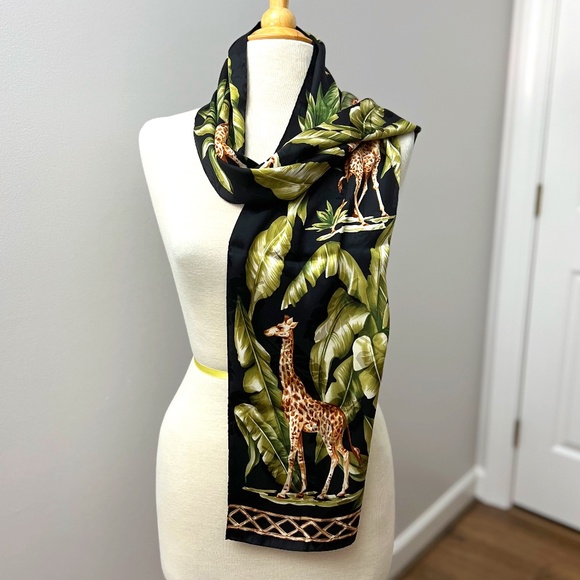 Talbots Giraffe Tropical Black Silk Scarf - Picture 1 of 6